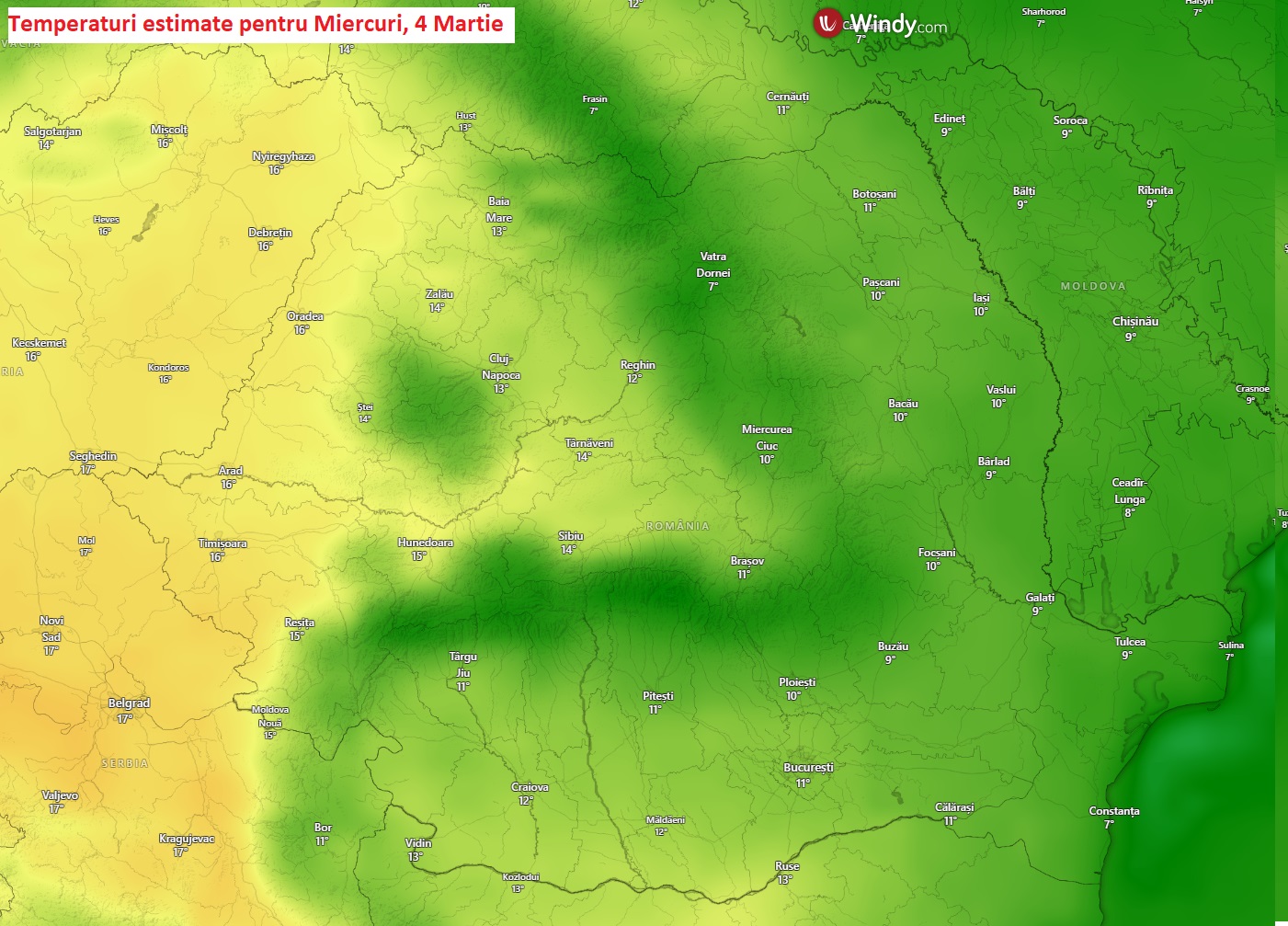 Temperaturi estimate pentru Miercuri, 4 Martie 2026