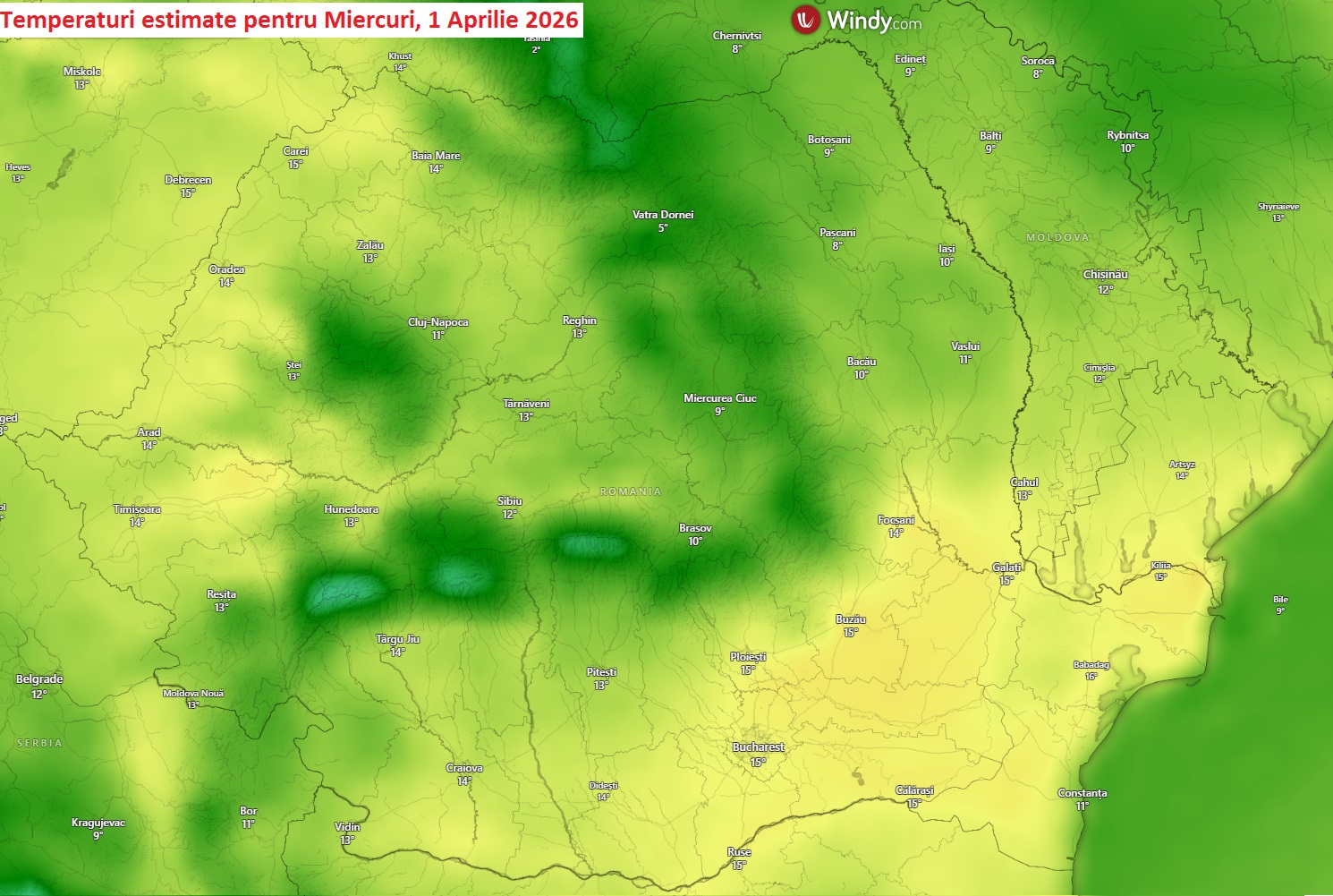 Temperaturi estimate pentru Miercuri, 1 Aprilie 2026