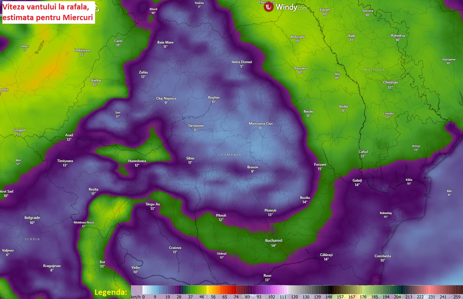 Viteza vântului la rafală estimată pentru Miercuri, 1 Aprilie 2026