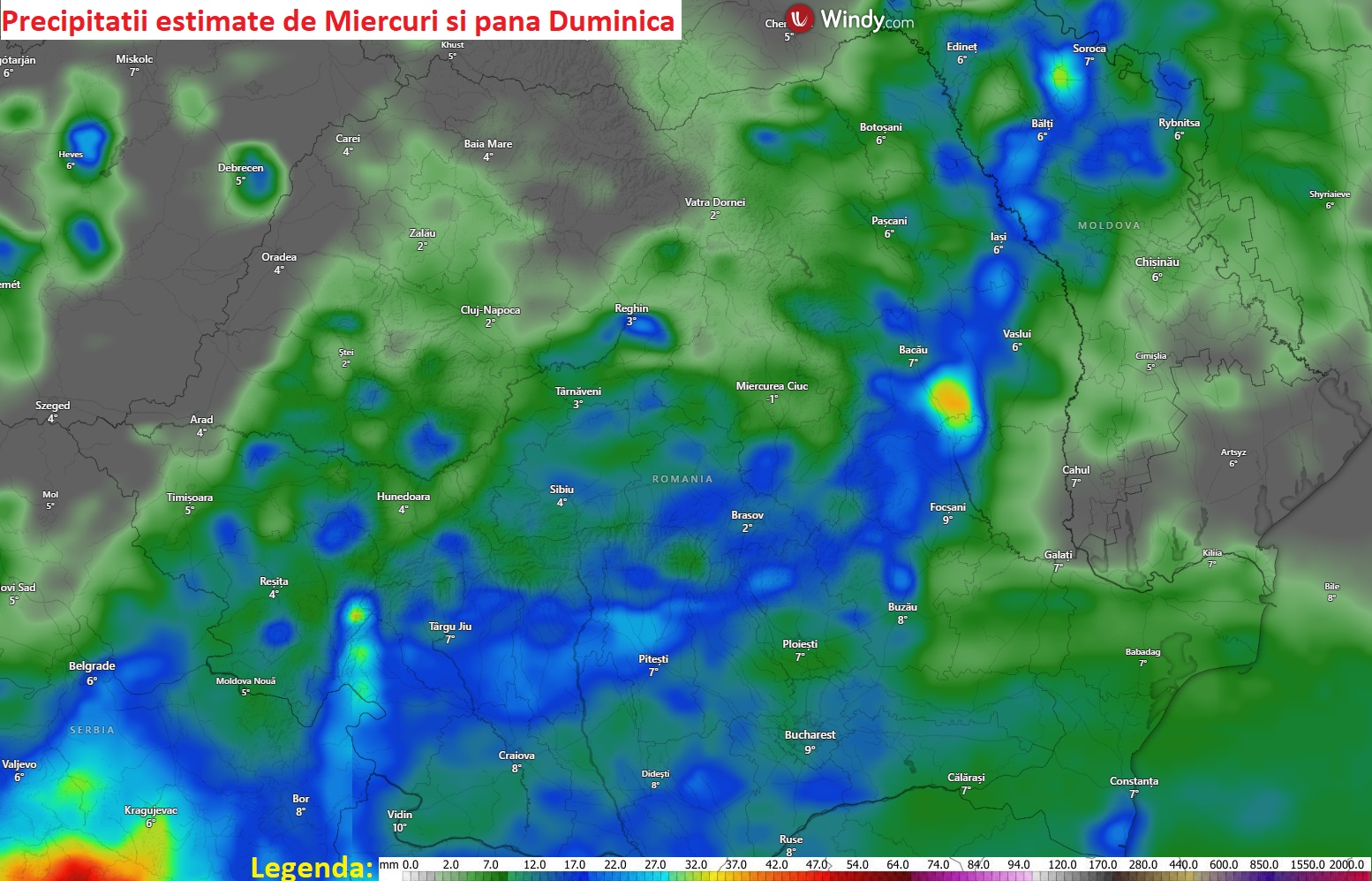 Precipitatii estimate de Joi, 2 Aprilie 2026 pana Duminica ,5 Aprilie 2026