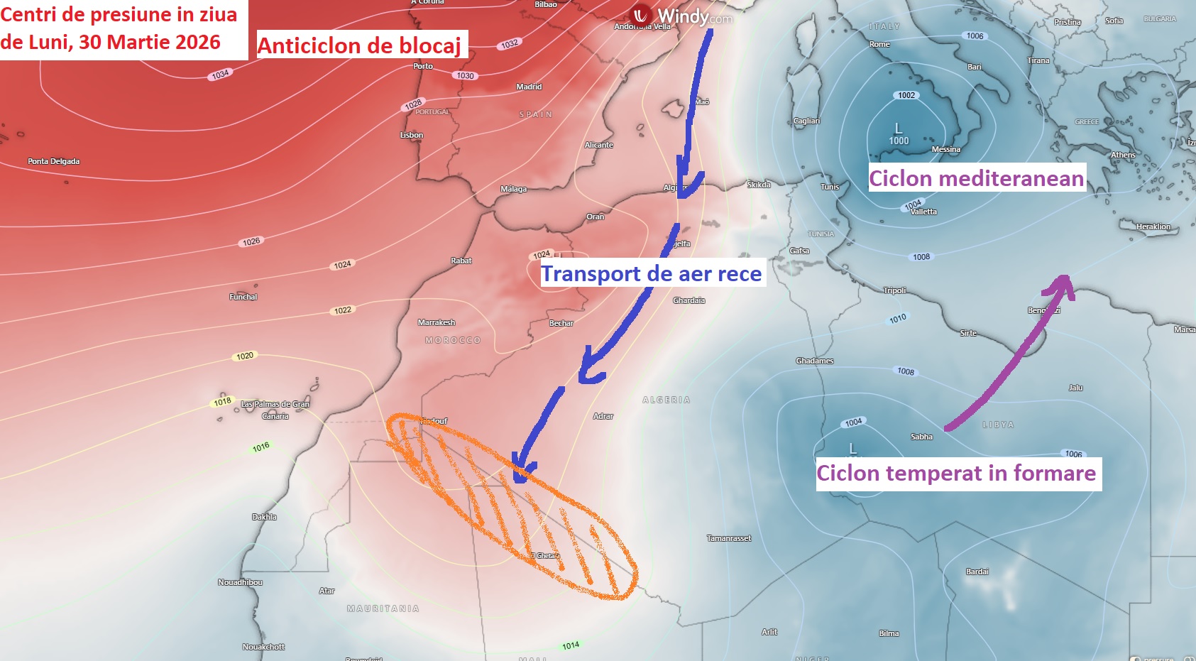 Centri de presiune estimati pentru ziua de Luni