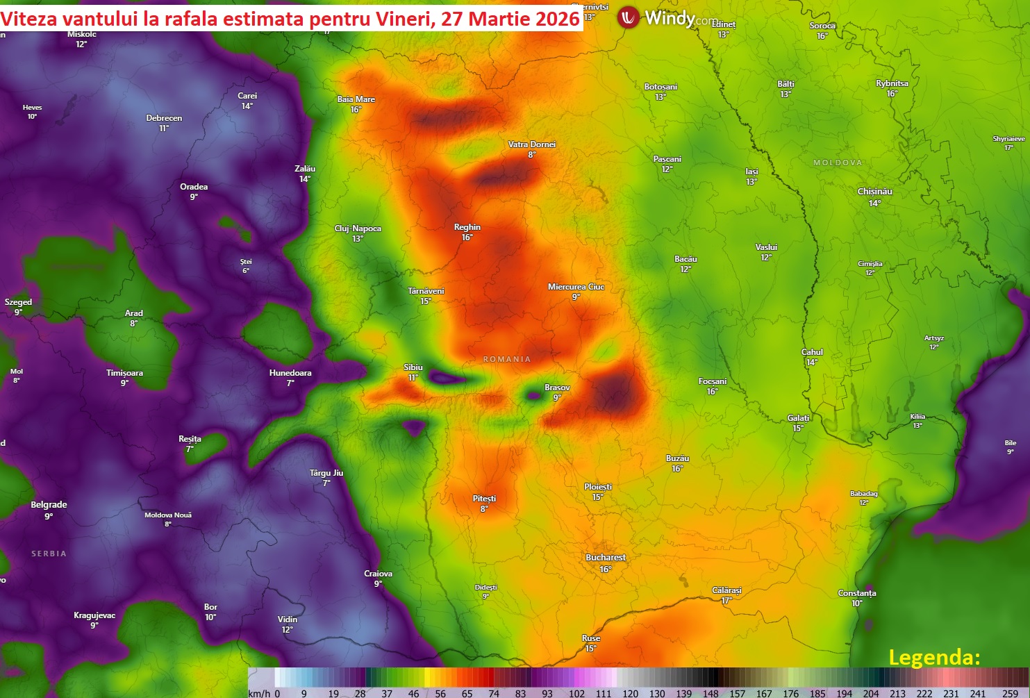 Viteza vântului estimată pentru Vineri, 27 Martie 2026
