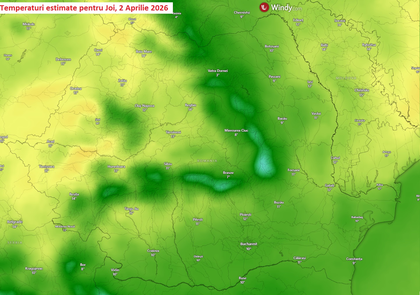 Temperaturi estimate pentru Joi, 2 Aprilie 2026