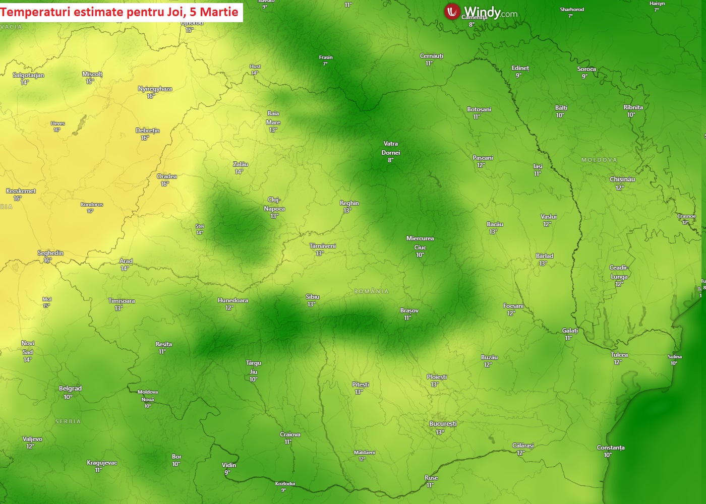 Temperaturi estimate pentru Joi, 5 Martie 2026