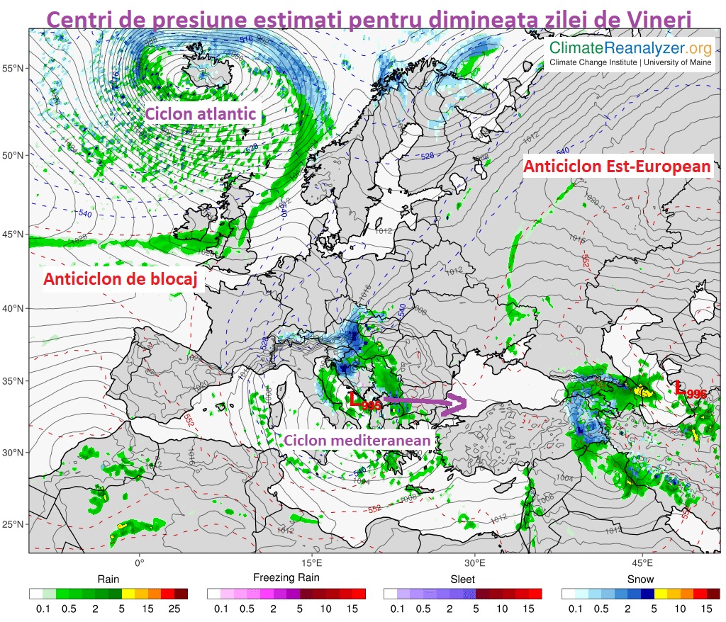 Centri de presiune estimați pentru dimineața zilei de Vineri, 27 Martie 2026