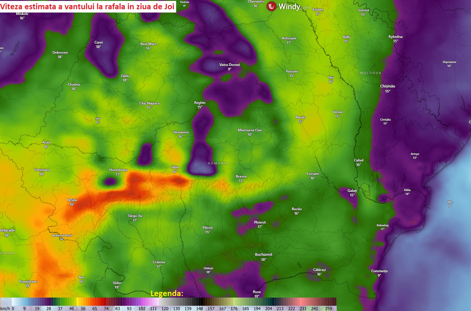 Viteza estimată a vântului la rafală în ziua de Joi, 26 Martie 2026