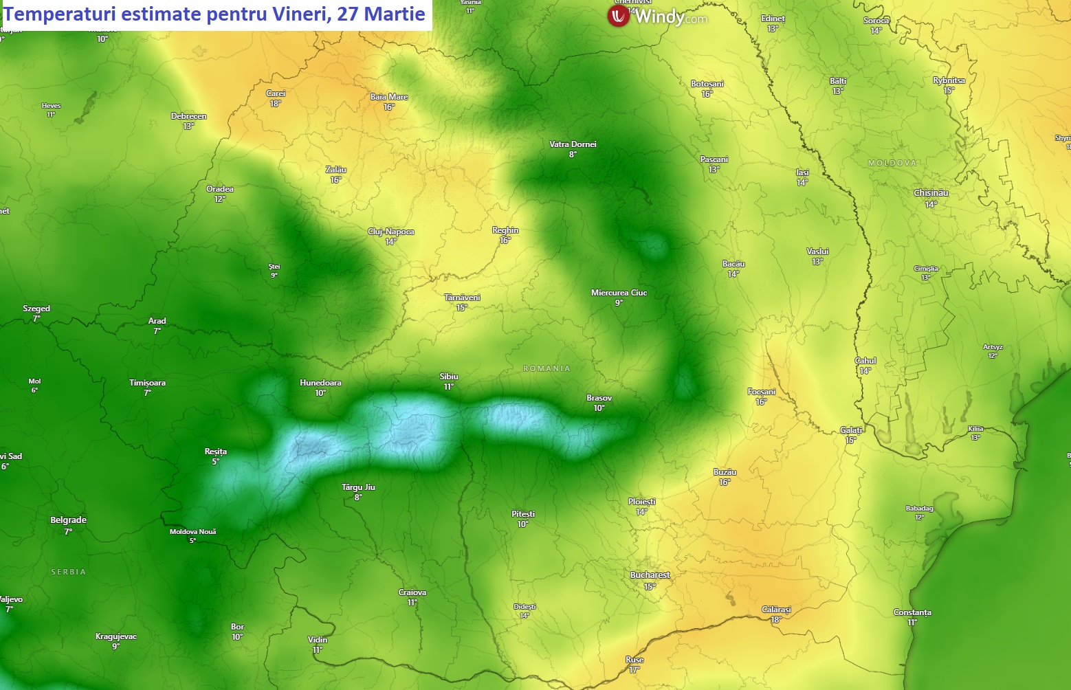 Temperaturi estimate pentru Vineri