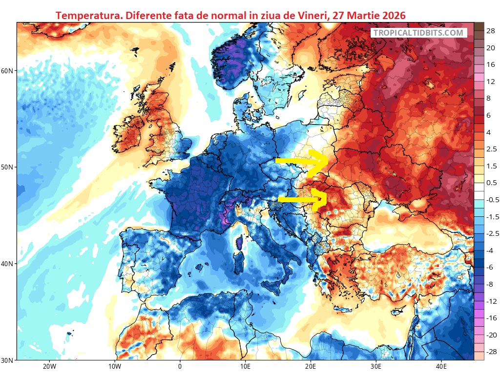 Temperatura. Diferente fata de medie estimate pentru Vineri, 27 Martie 2026
