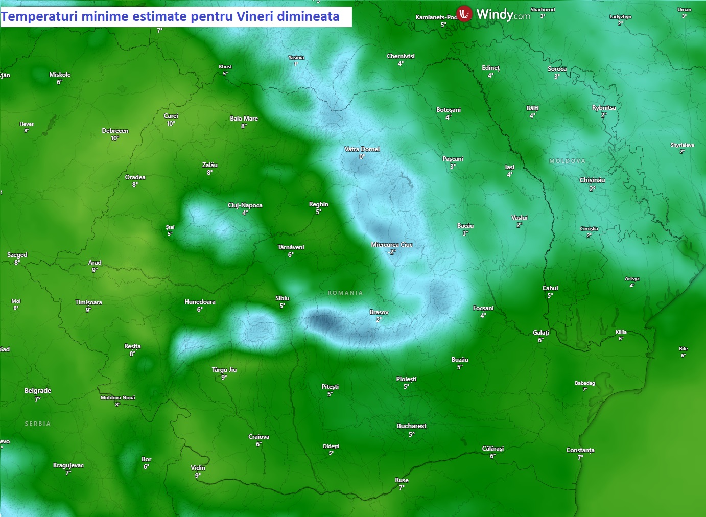 Temperaturi minime estimate pentru Vineri, 27 Martie 2026