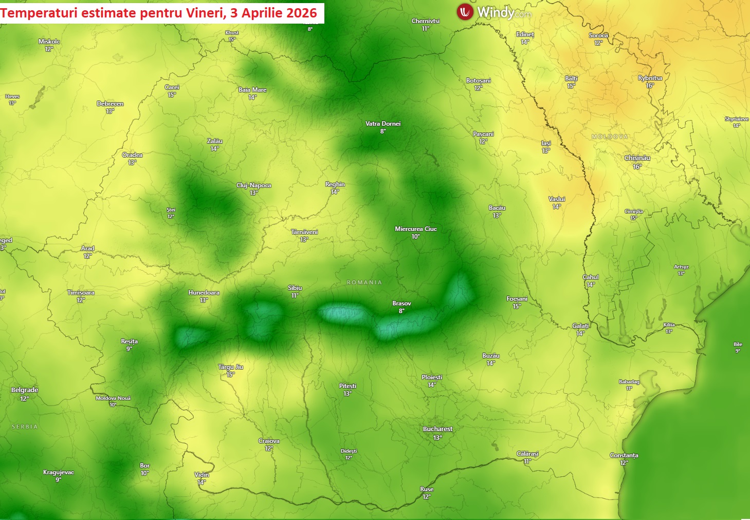 Temperaturi estimate pentru Vineri, 3 Aprilie 2026