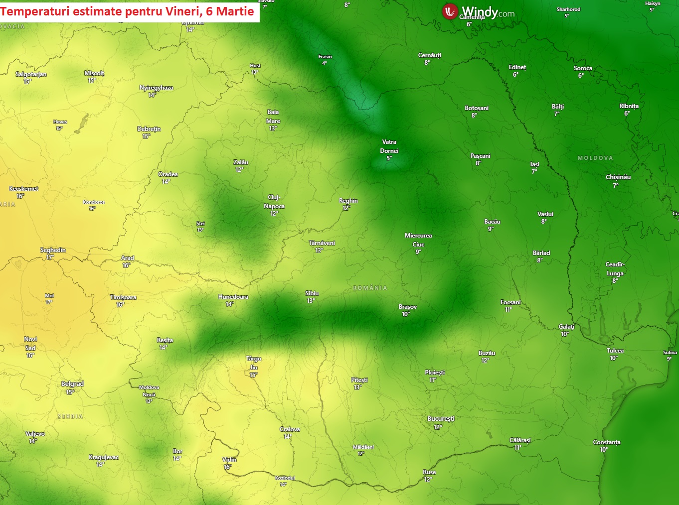 Temperaturi estimate pentru Vineri, 6 Martie 2026