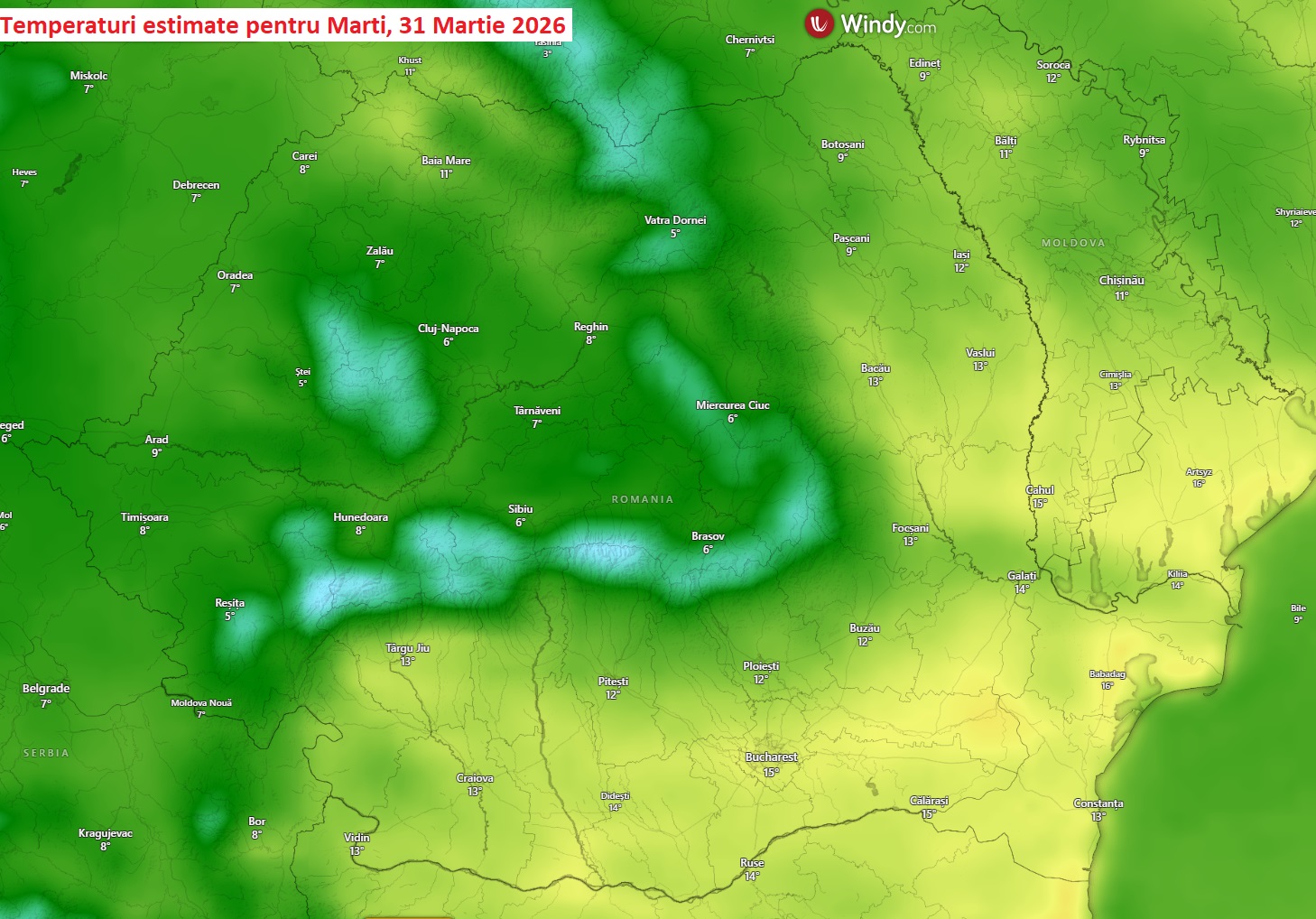 Temperaturi estimate pentru Marți, 31 Martie 2026