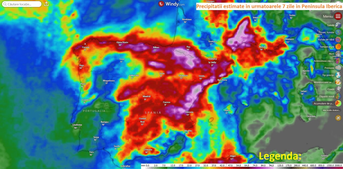 Precipitații estimat ein următoarele 7 zile, în Peninsula Iberică