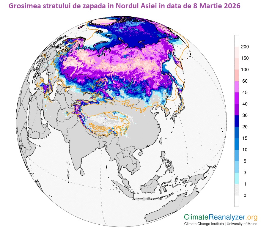 Stratul de zapada din Rusia in data de 8 Martie 2026