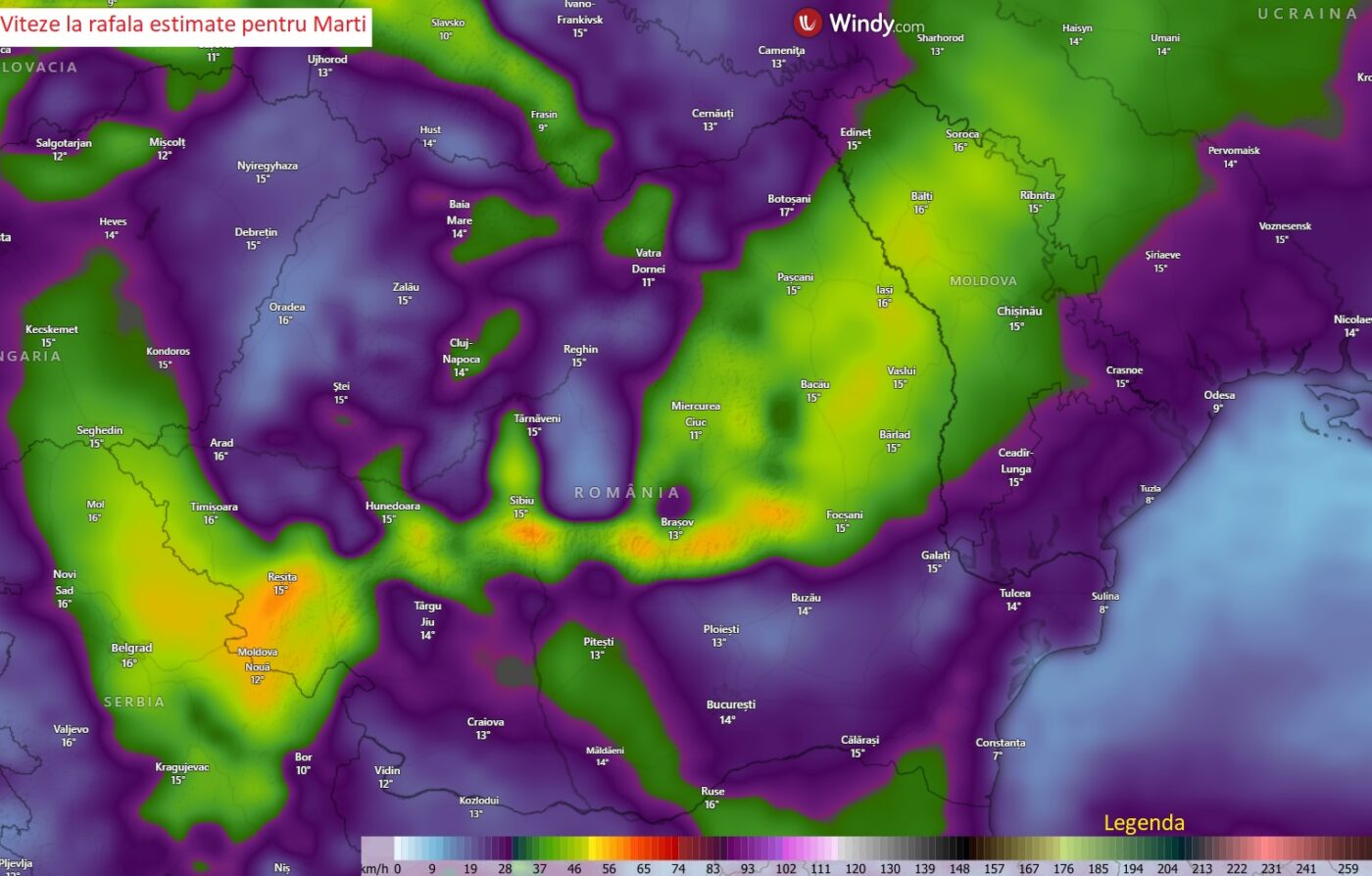 Viteza vântului la rafală estimată pentru Marți