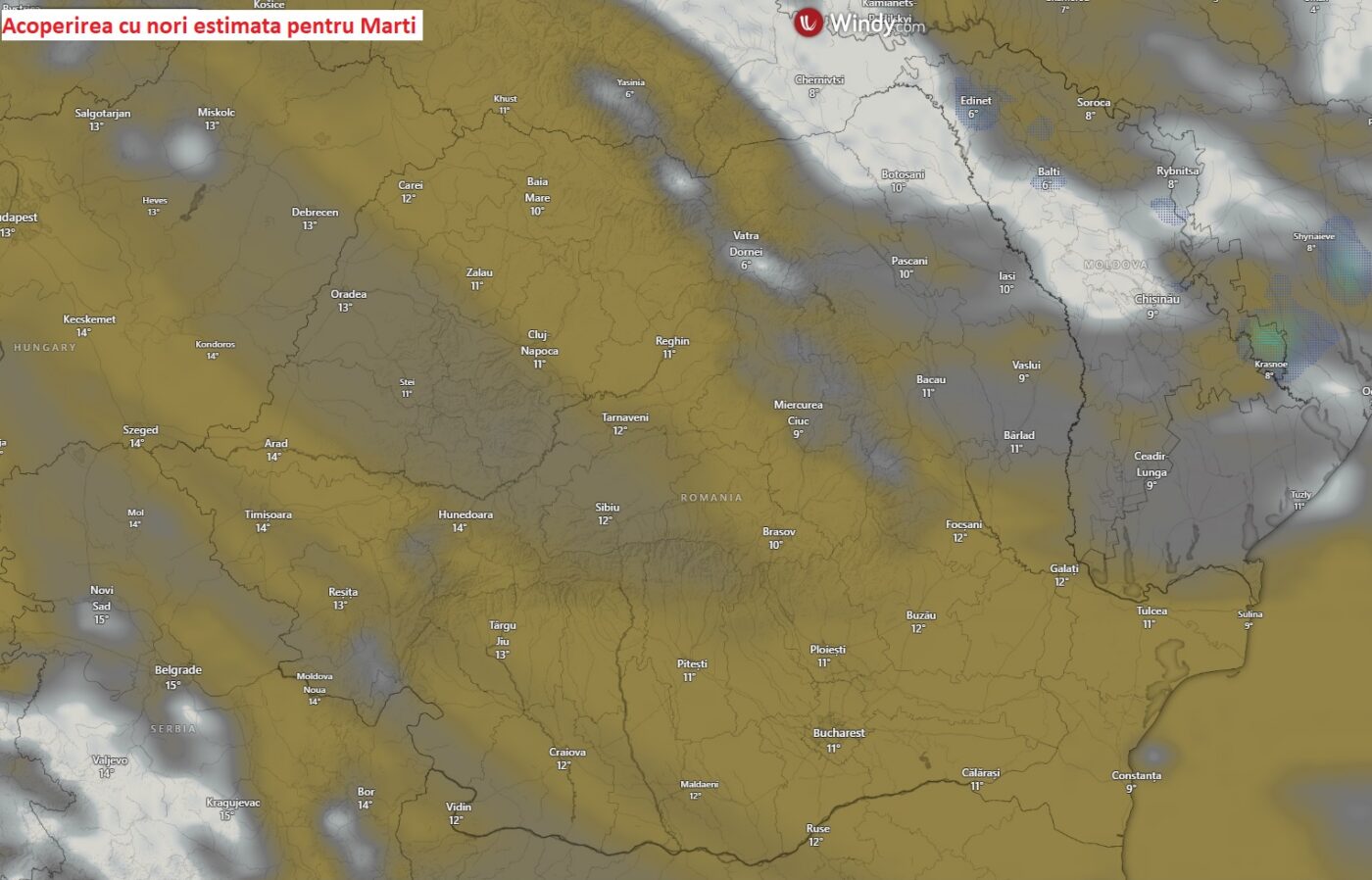 Acoperirea cu nori estimata pentru Marti, 3 Martie