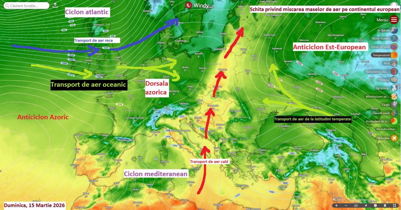 Schiță privind mișcarea maselor de aer în ziua de Duminică, 15 Martie 2026