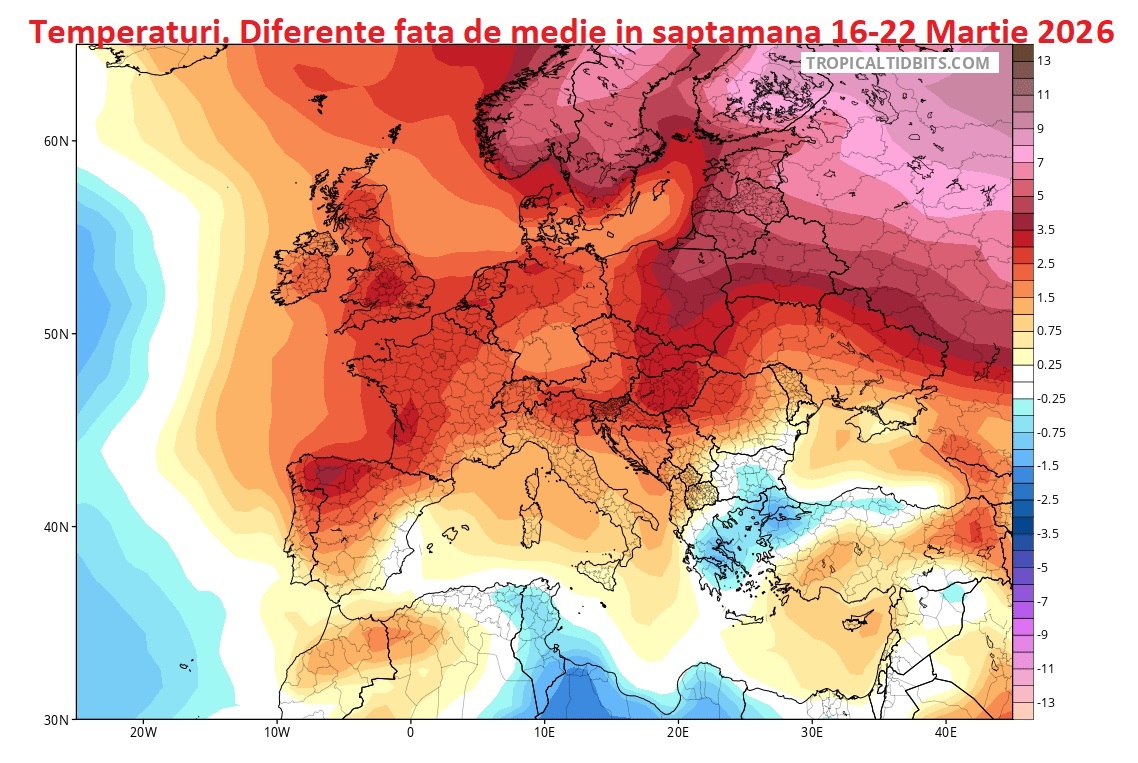 Temperatura. Diferente fata de medie estimate pentru saptamana 16-22 Martie 2026