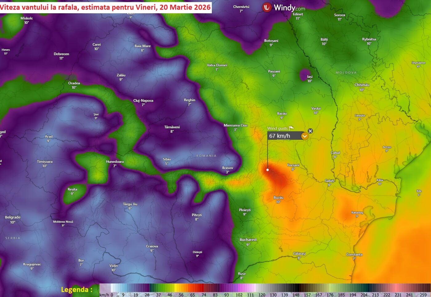 Viteza vantului la rafala, estimata pentru Vineri, 20 Martie 2026