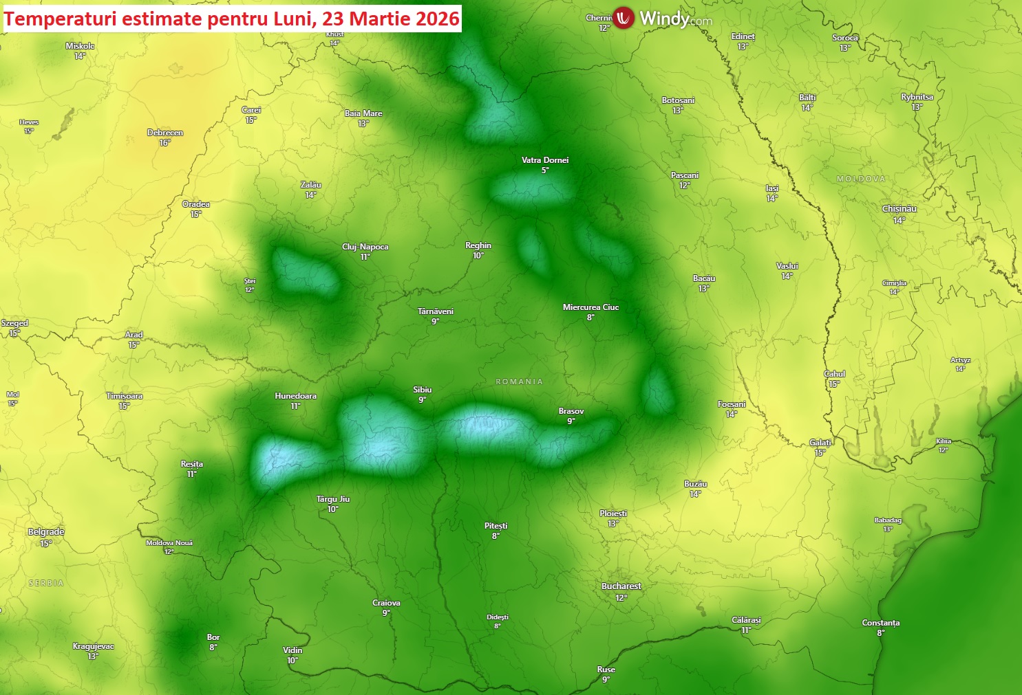 Temperaturi estimate pentru Luni, 23 Martie