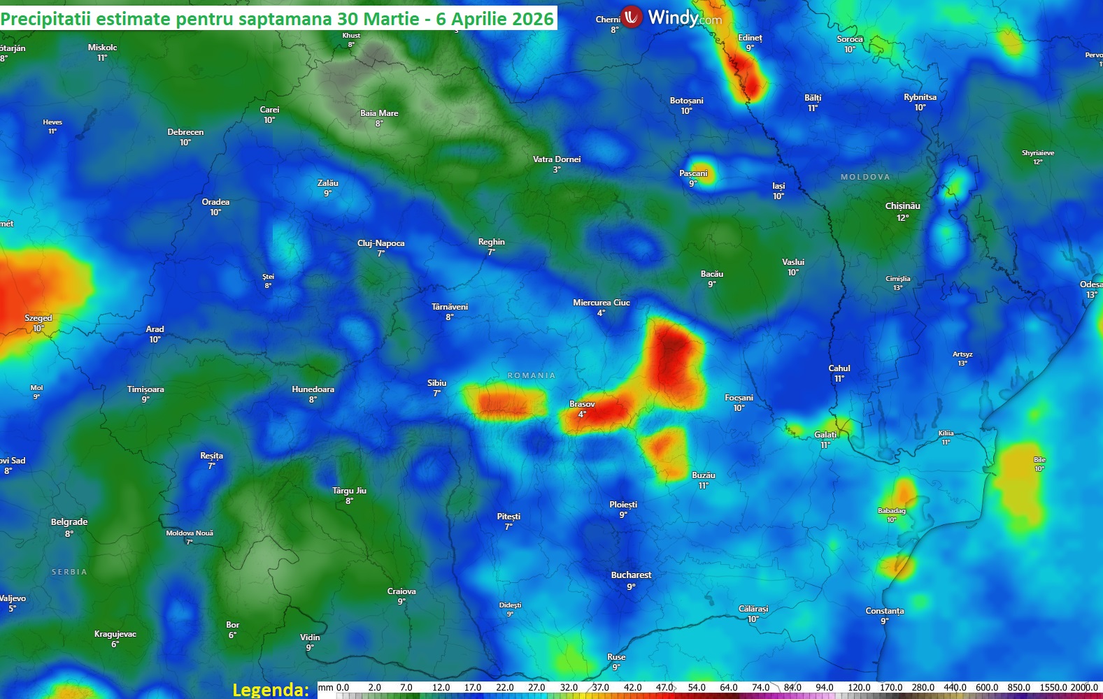 Precipitații estimate în săptămâna 30 Martie - 6 Aprilie 2026