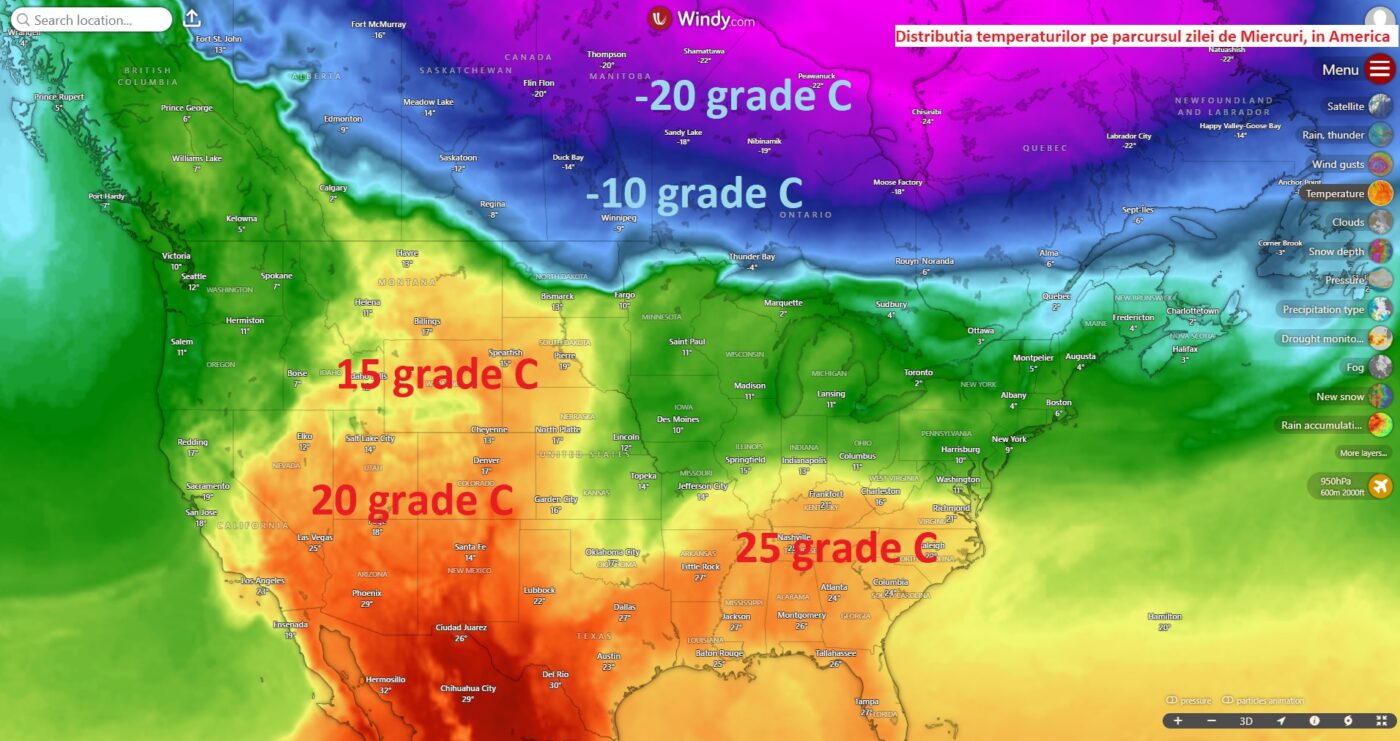 Distributia temperaturilor pe parcursul zilei de Miercuri, in America de Nord