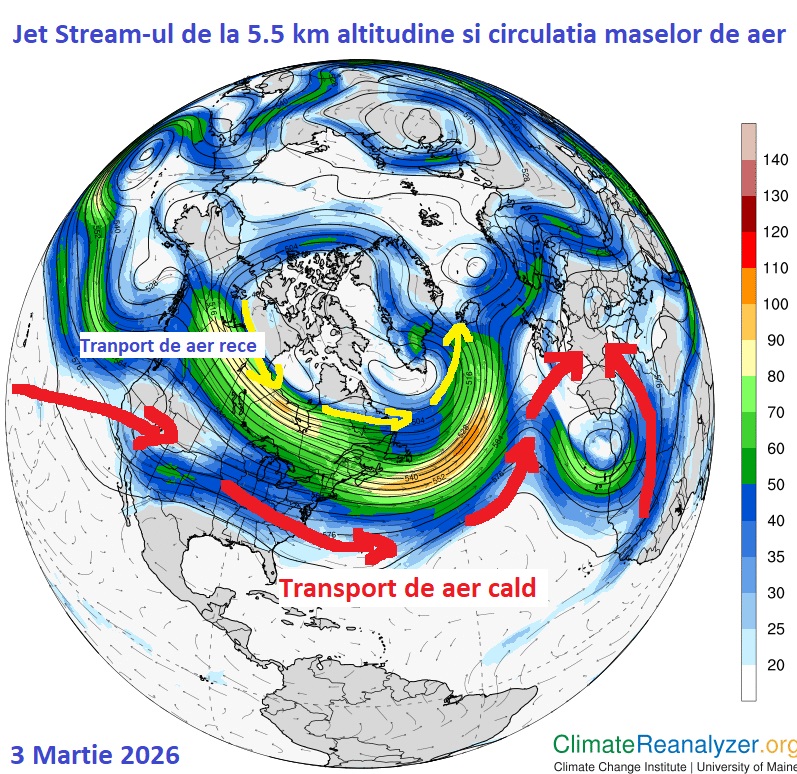 Pozitia Jet Stream-ului in data de 3 Martie 2026. Schema cu tipurile de mase de aer