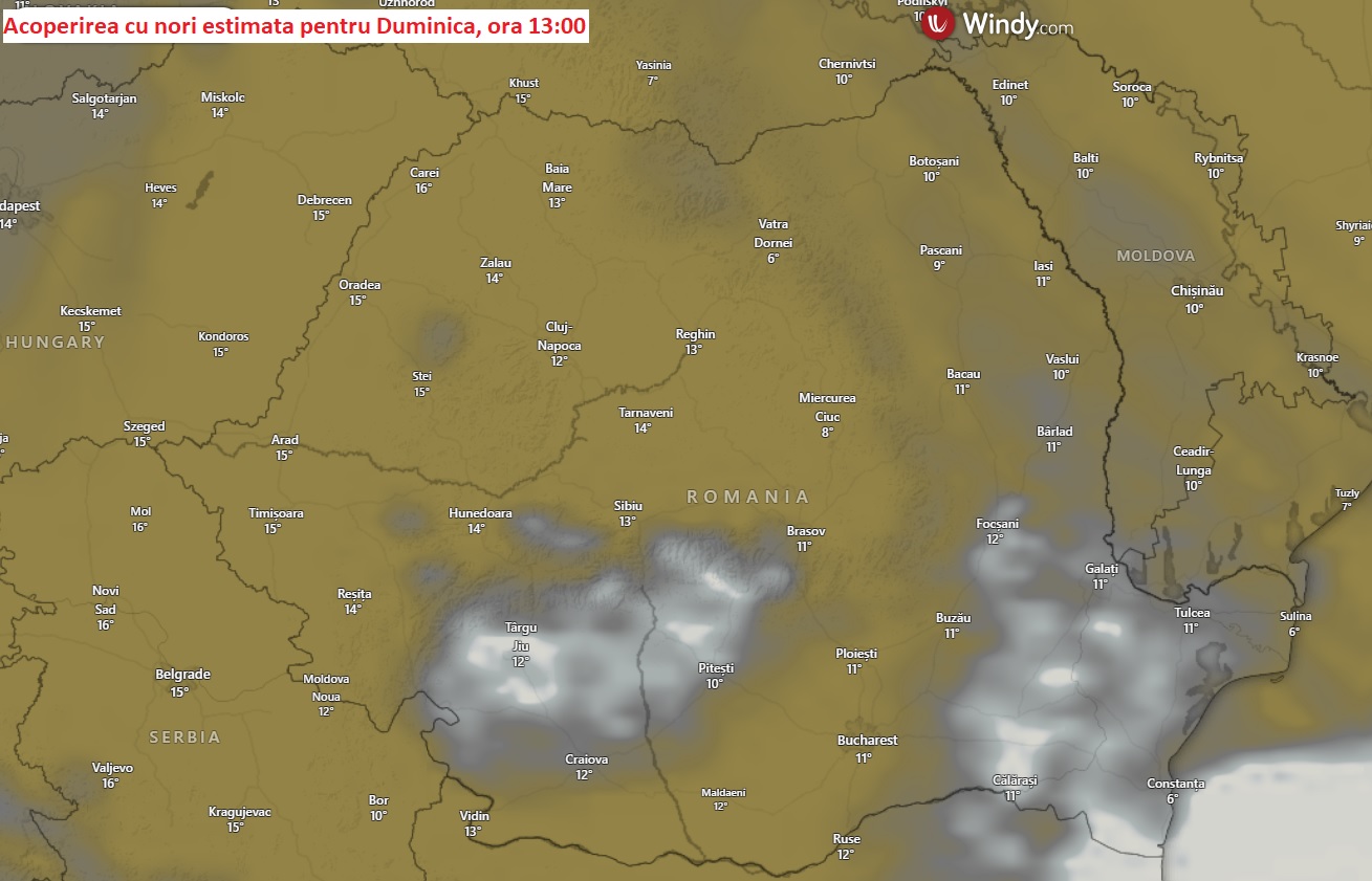 Acoperirea cu nori estimata pentru Duminica, ora 13:00