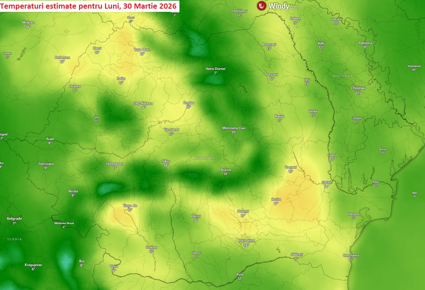 Temperaturi estimate în România pentru Luni, 30 Martie 2026