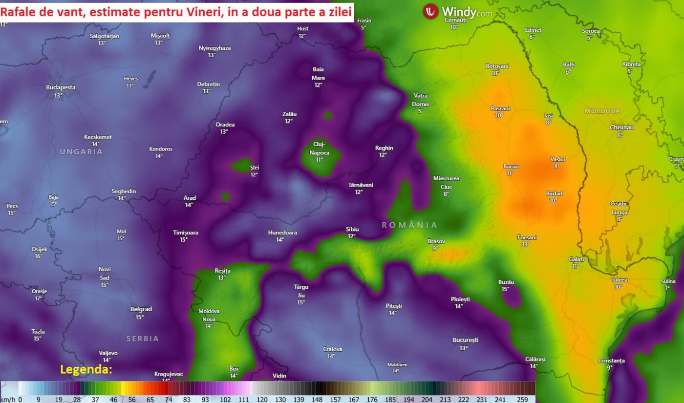 Rafale de vant, estimate pentru Vineri, 6 Martie 2026