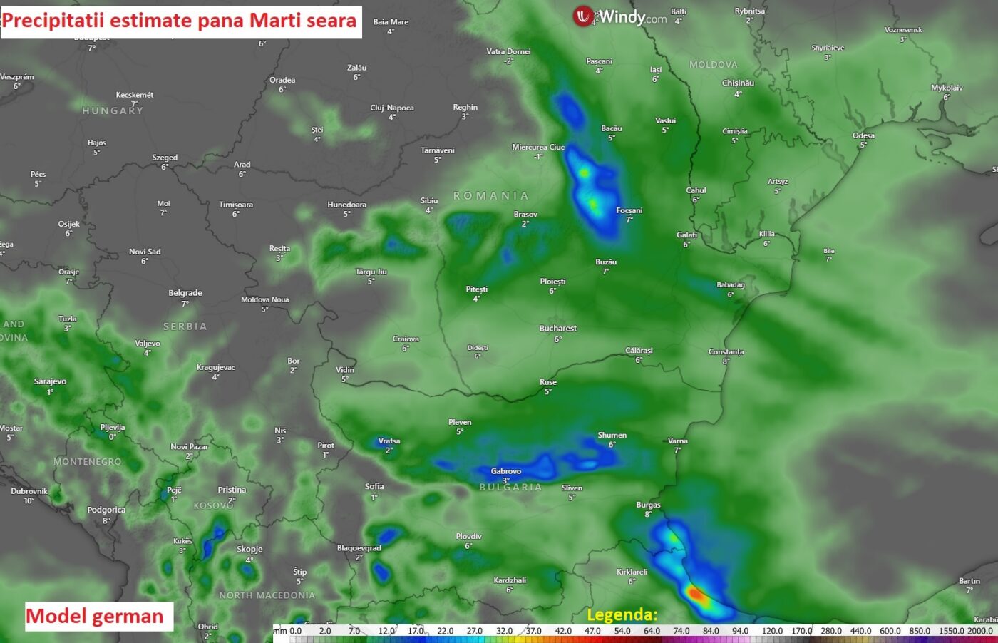 Precipitații estimate până Marți, 24 martie 2024 seara