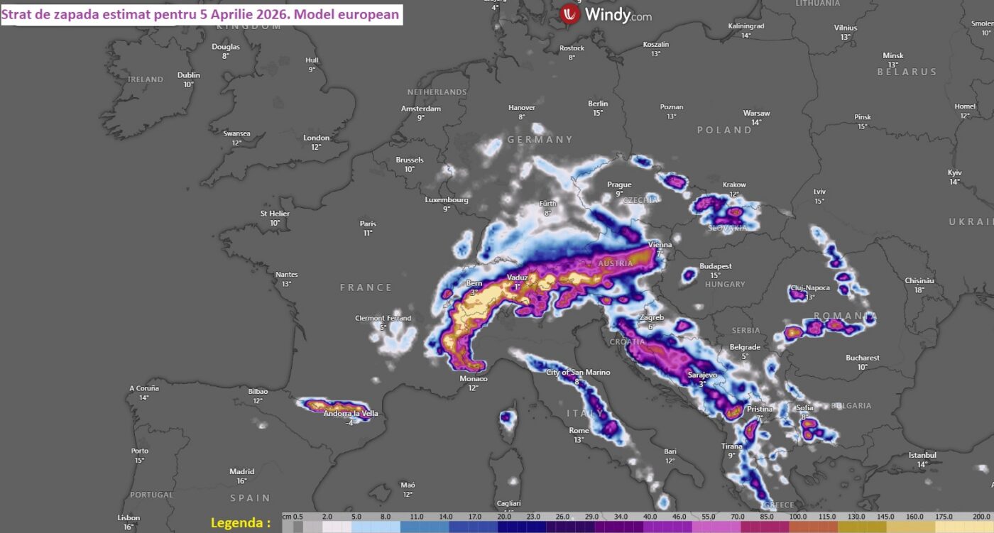 Stratul de zăpadă estimat pentru 5 Aprilie 2026