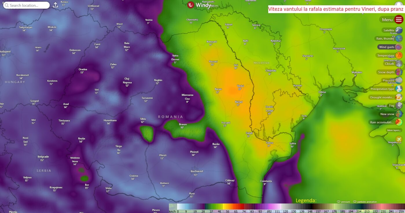 Vantul. Viteze estimate la rafala pentru ziua de Vineri