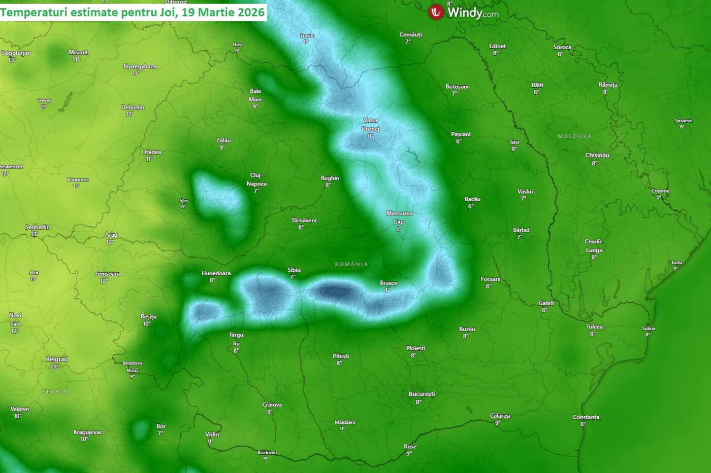 Temperaturi estimate pentru Joi, 19 Martie 2026