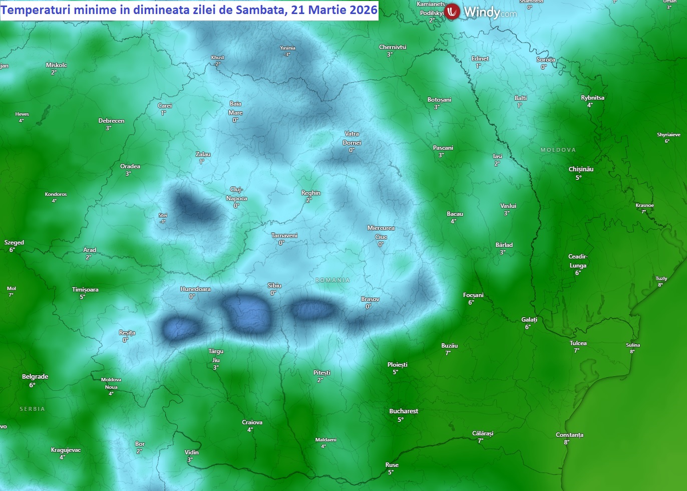 Temperaturi minime în dimineața zilei de Sâmbătă, 21 Martie 2026