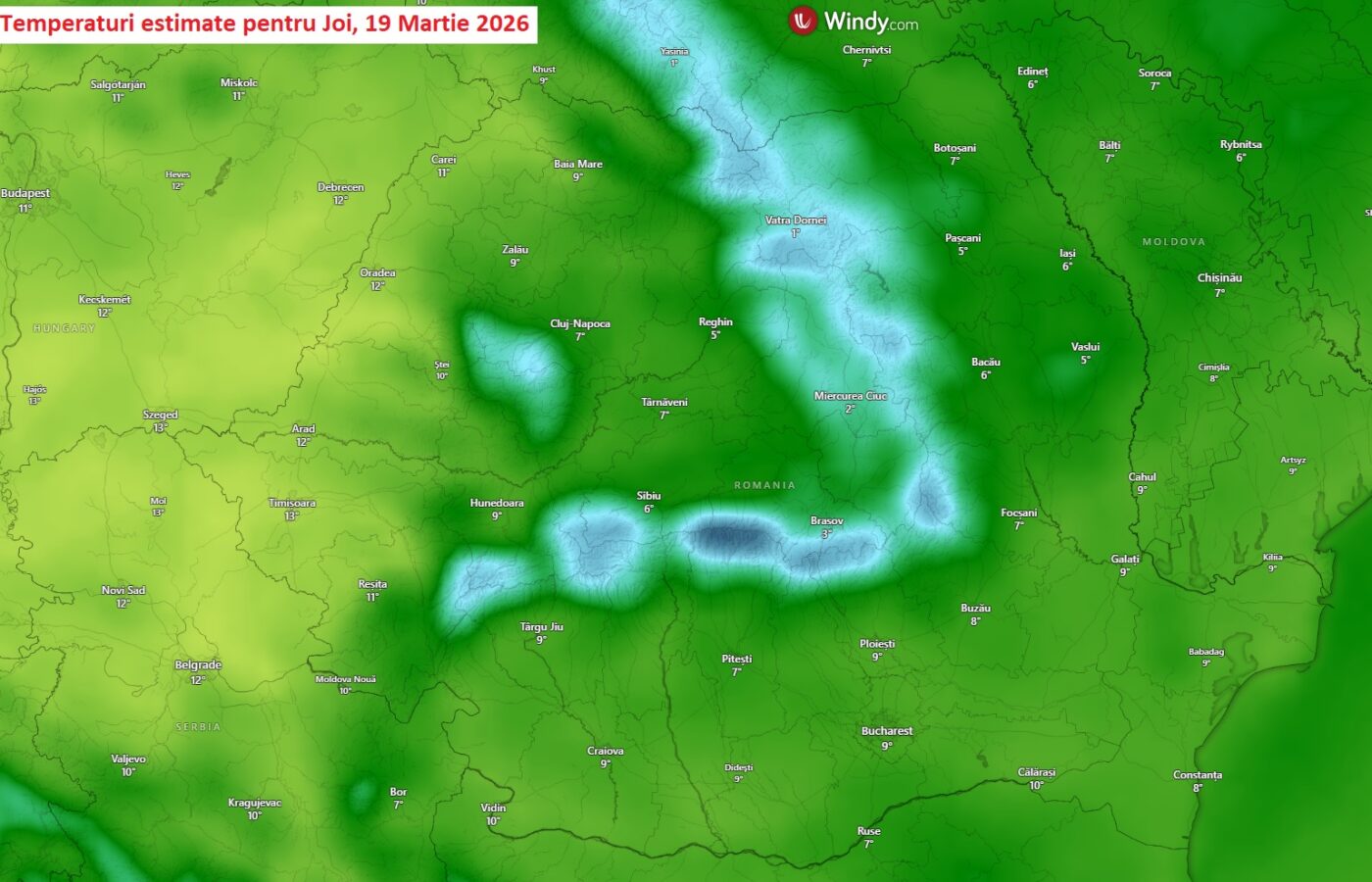 Temperaturi estimate pentru Joi, 19 Martie 2026