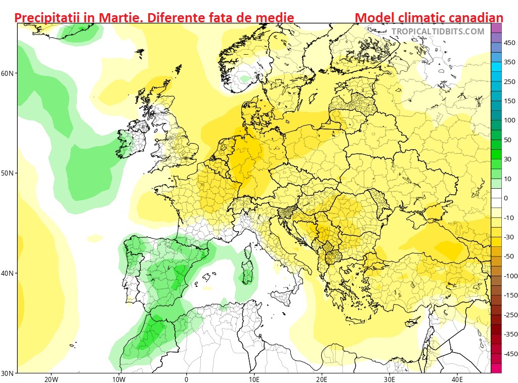 Precipitatii in Martie. Diferente fata de medie. Model climatic canadian