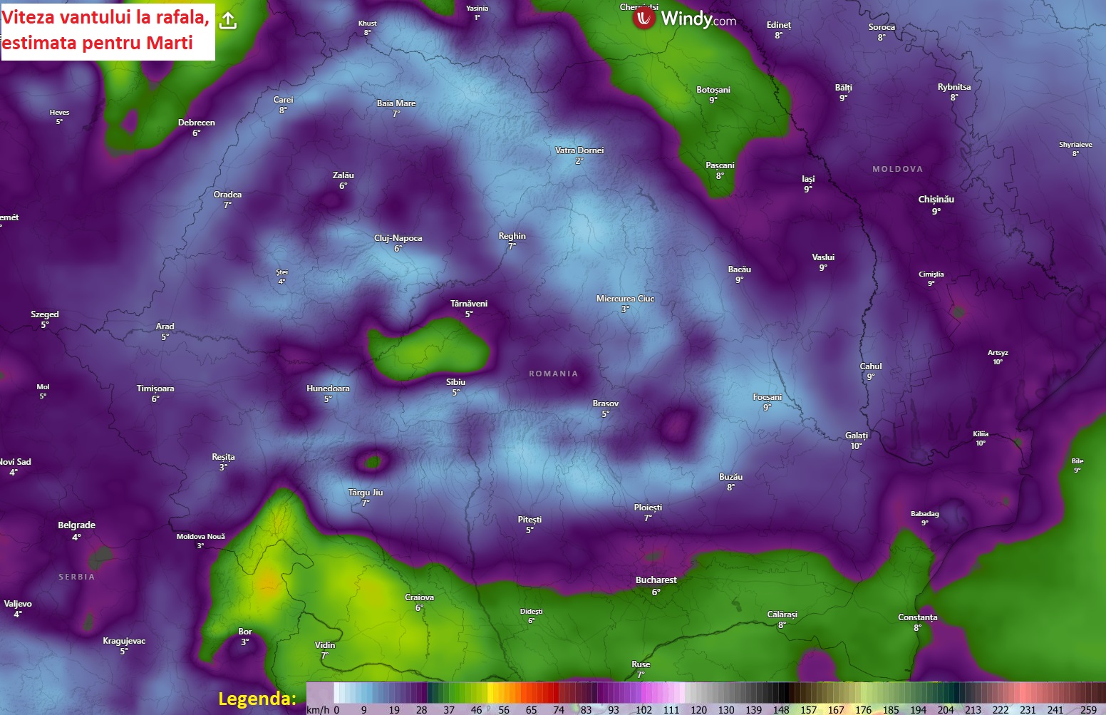 Viteza vântului la rafală estimată pentru Marți, 31 Martie 2026