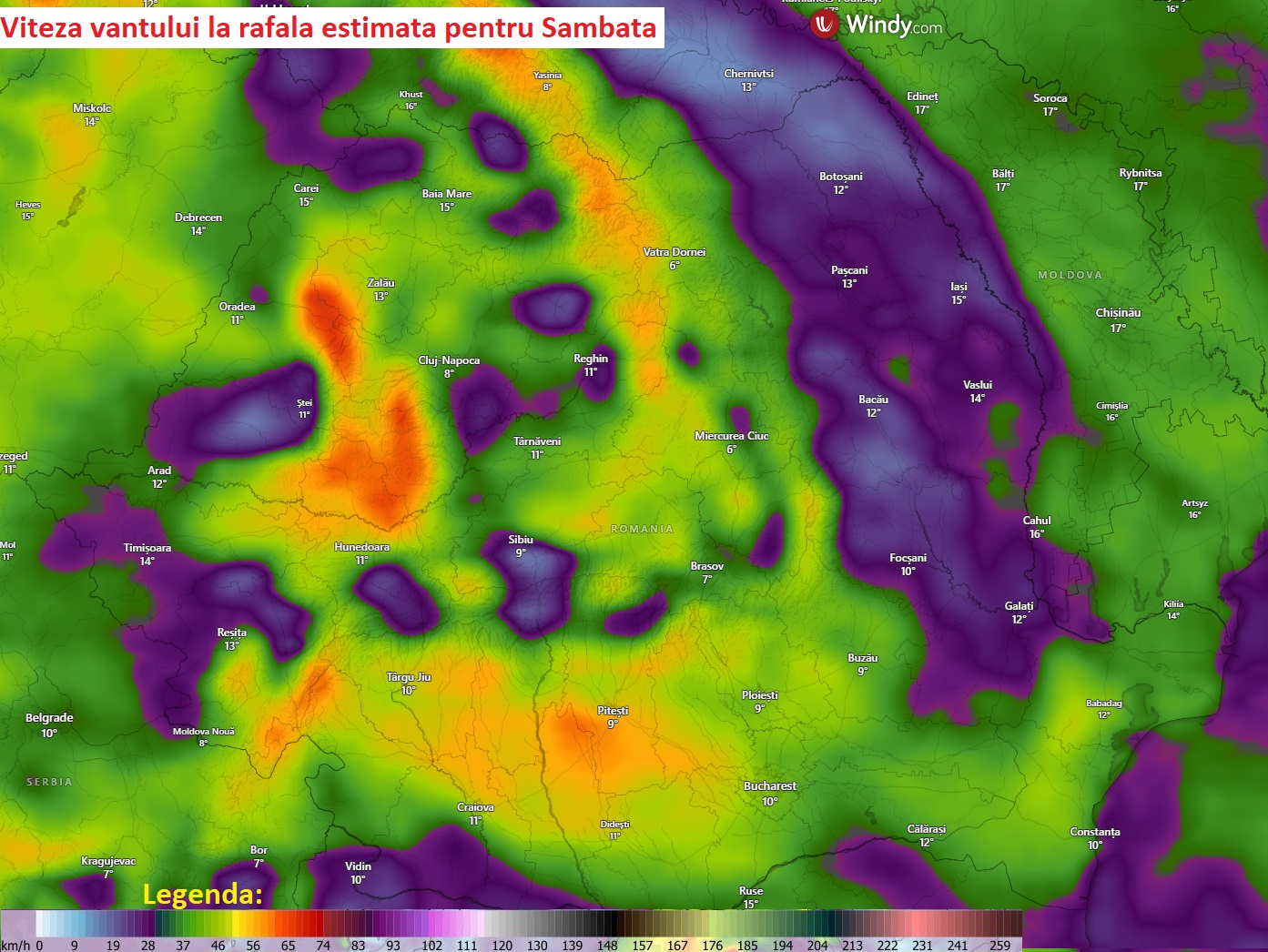 Viteza vântului la rafală estimată pentru Sâmbătă, 28 Martie 2026