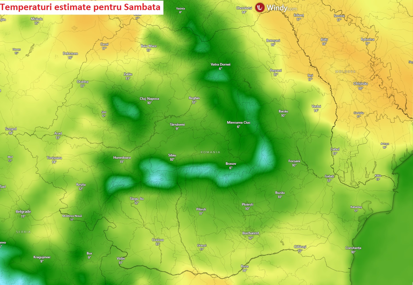 Temperaturi estimate pentru Sâmbătă, 28 Martie 2026