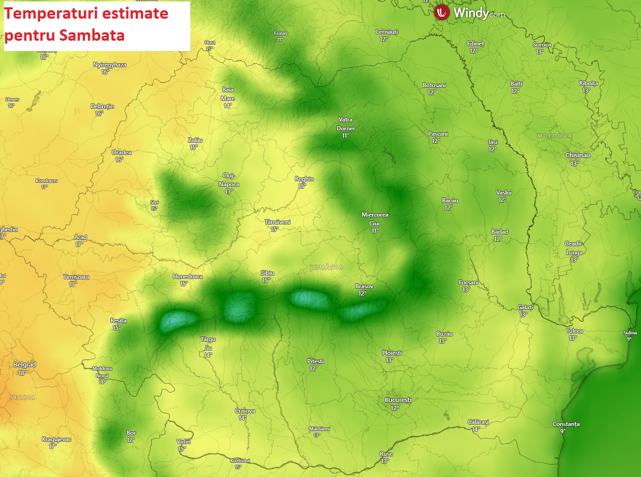 Temperaturi estimate pentru Sambata, 14 Martie 2026