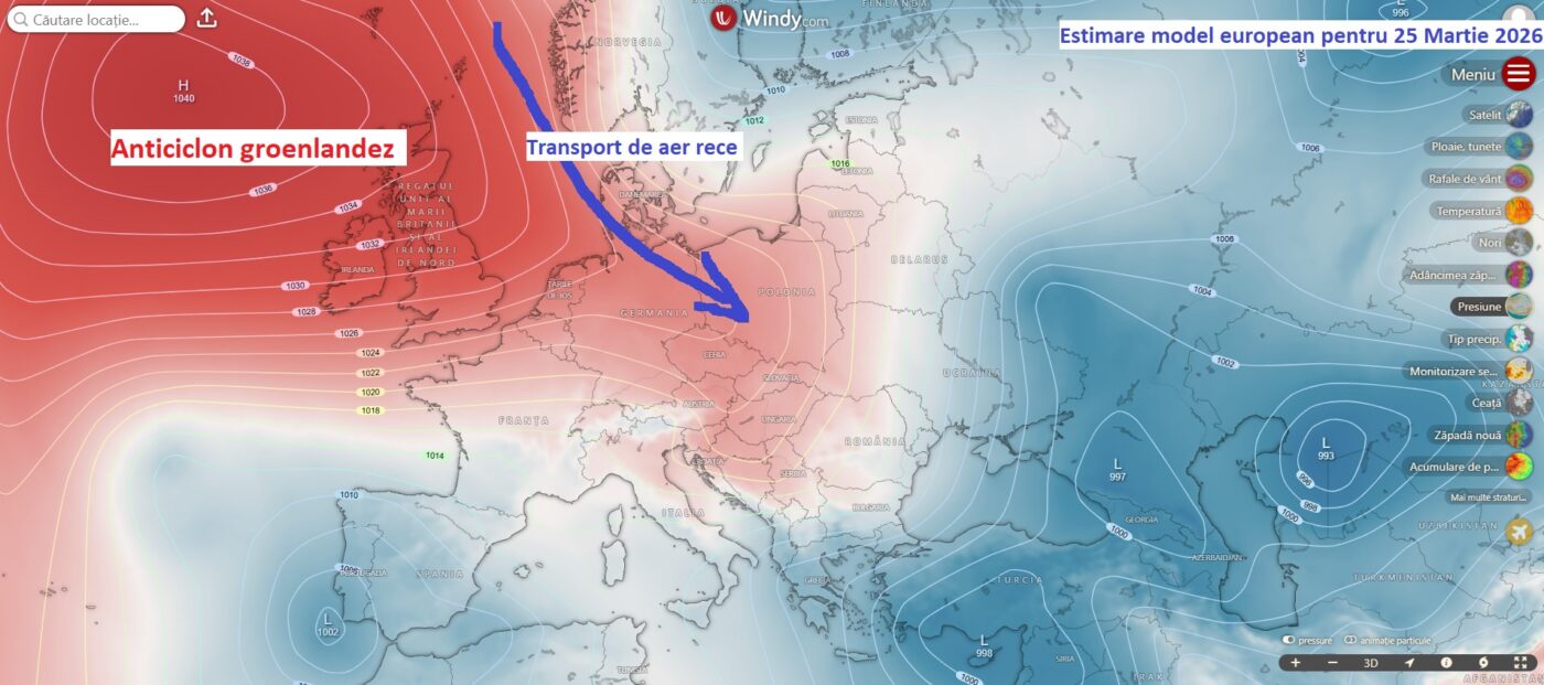 Centri de presiune estimati de modelul european pentru 25 Martie 2026