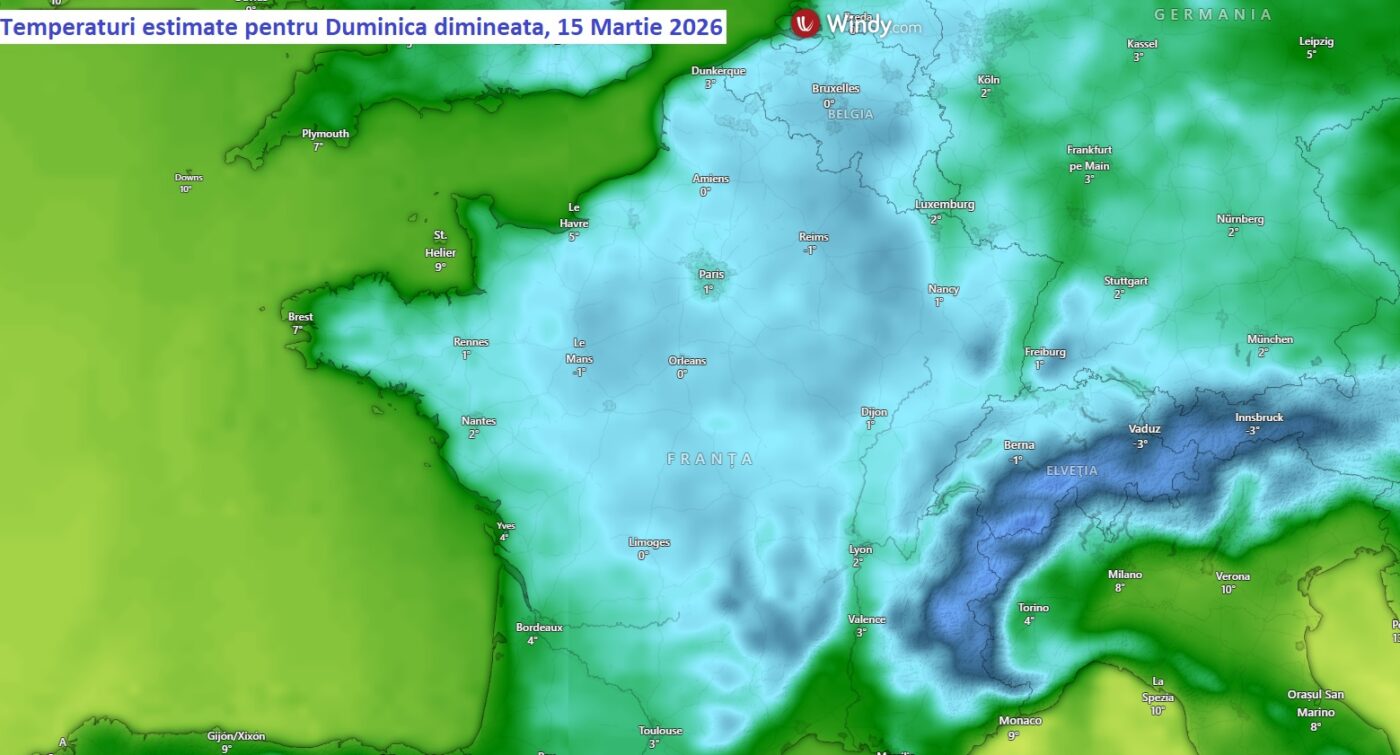 Temperaturi estimate pentru dimineata zilei de Duminica, 15 Martie 2026