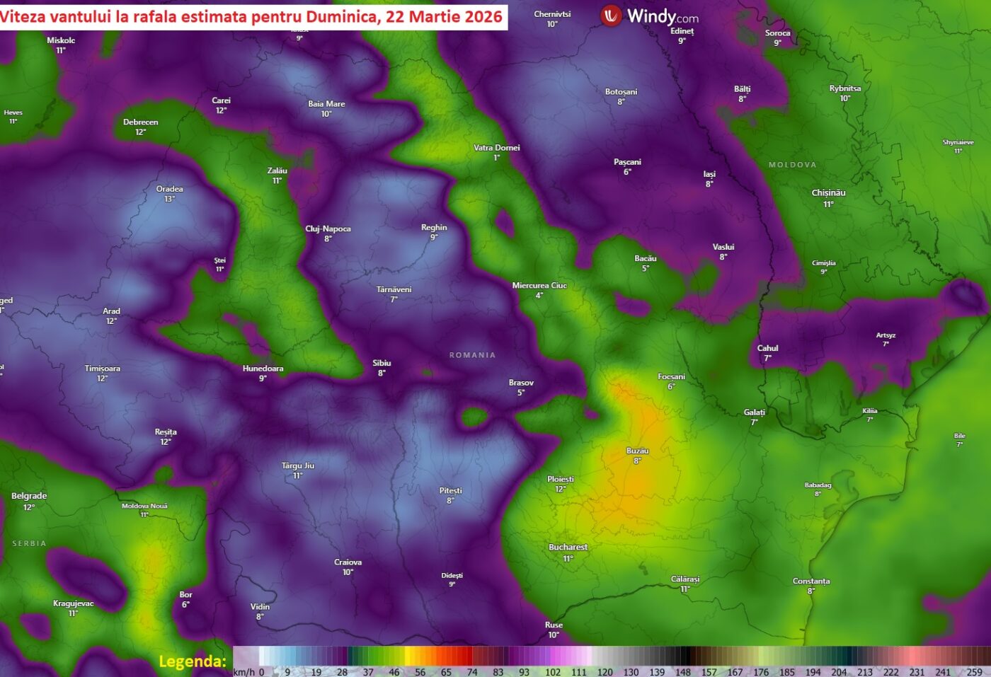 Viteza vântului la rafală estimată pentru Duminică, 22 Martie 2026