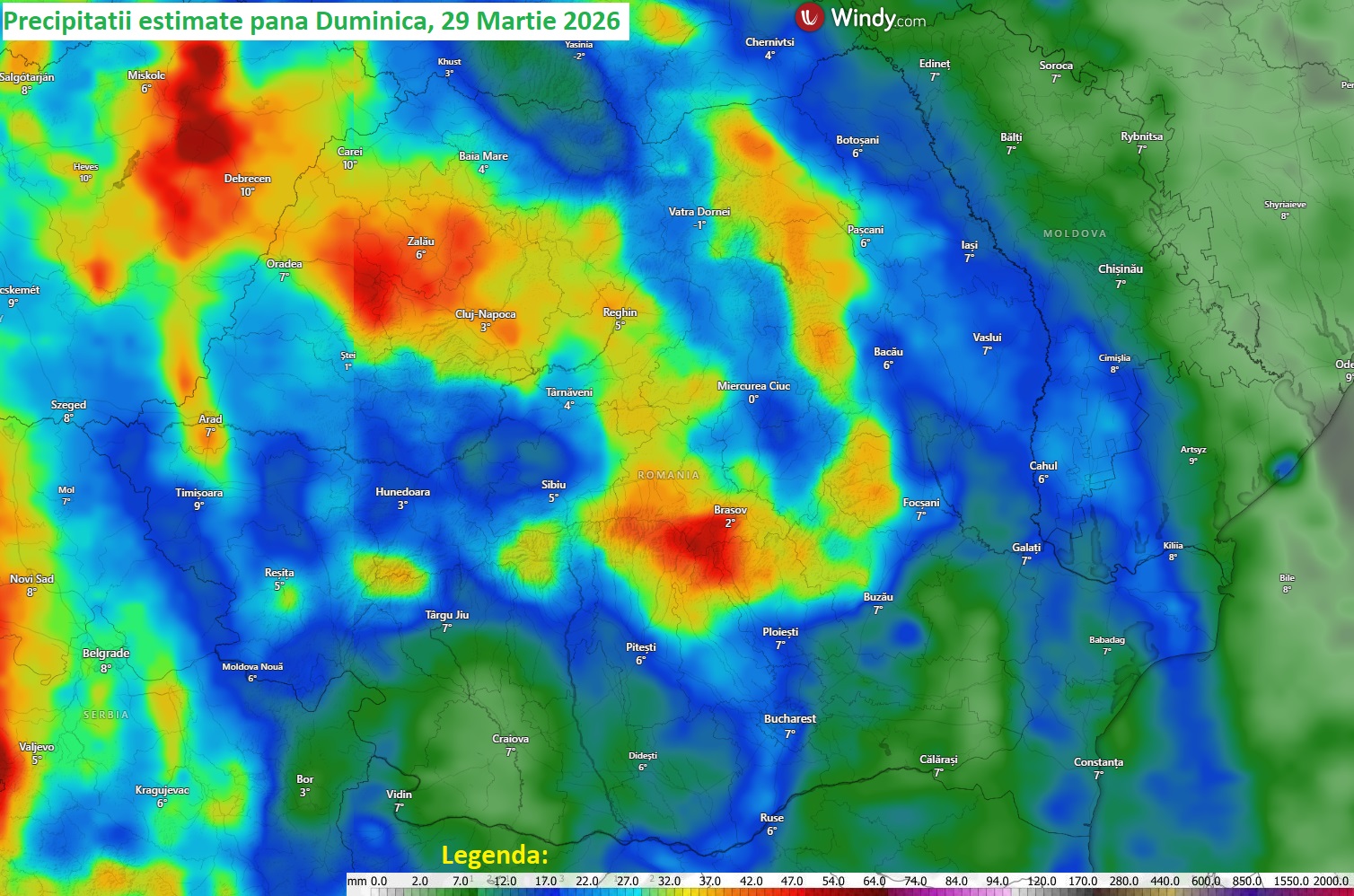 Cantități de precipitații estimate pentru săptămâna 23-29 Martie 2026