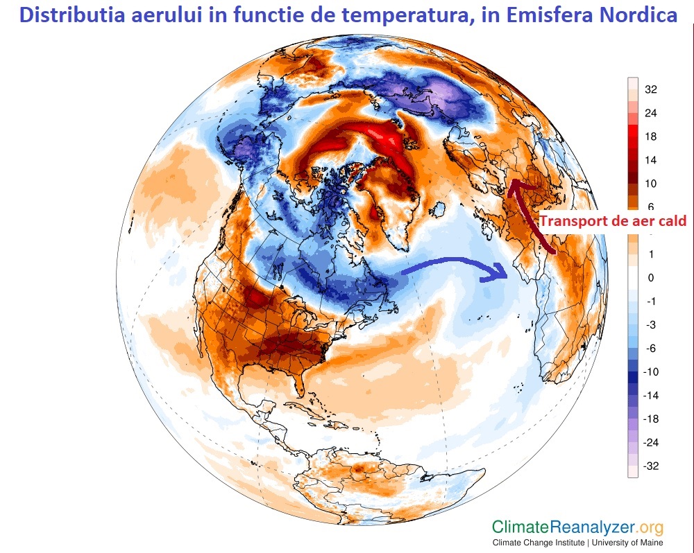 Distributia aerului in functie de temperatura, in Emisfera Nordica, in data de 5 Martie 2026