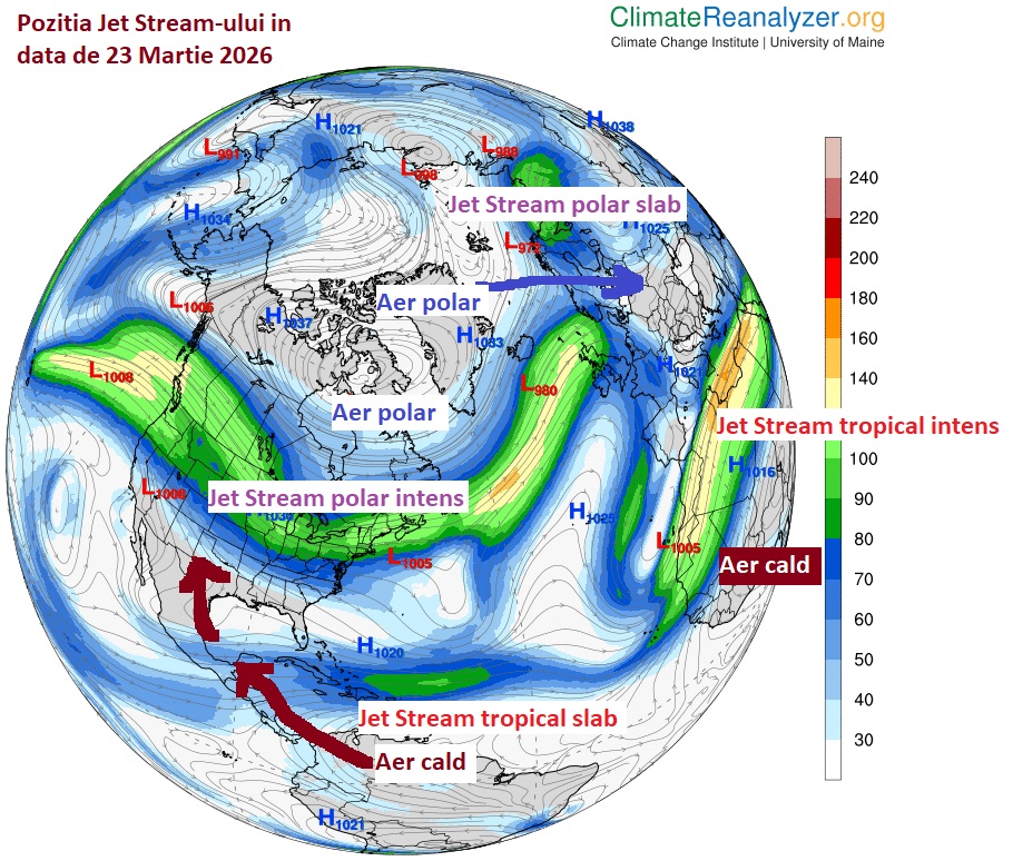 Poziția și intensitatea Jet Stream-urilor, în data de 23 Martie 2026
