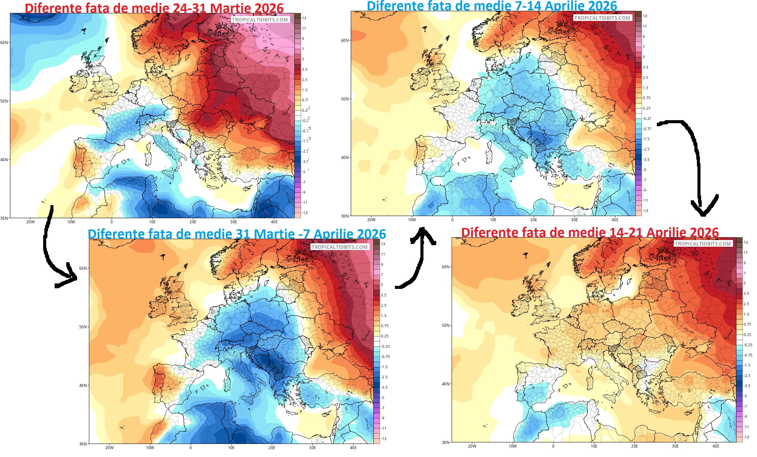 Temperatură. Diferențe față de medie pe săptămâni la începutul lunii Aprilie