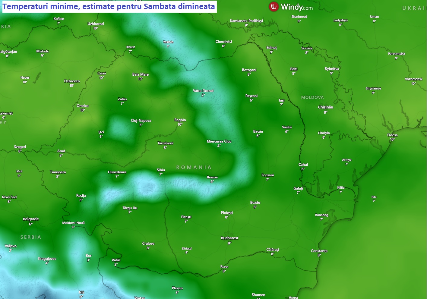 Temperaturi minime estimate pentru Sambata, 28 Martie 2026