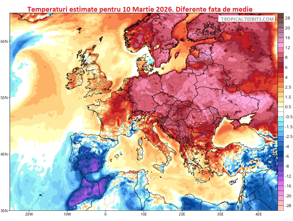Temperaturi estimate pentru Marți, 10 Martie 2026. Diferențe față de medie